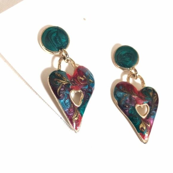 Heart Swirl Painted Enamel Retro Style Pierced Dangle Earrings - Picture 1 of 5